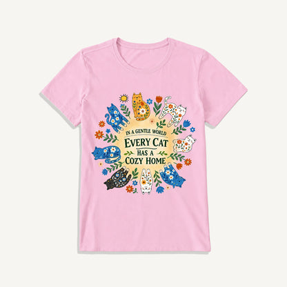 Floral Cats Cozy Home Print Crew Neck Cotton Tee