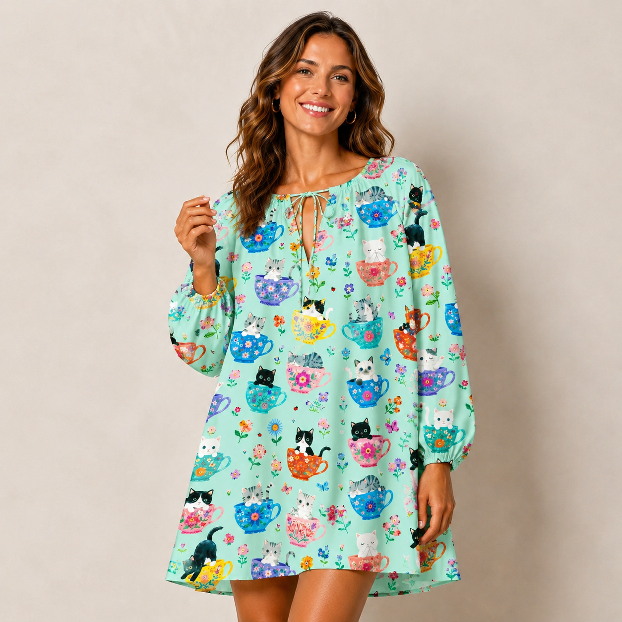 Cute Teacup Kitten Print Boho Tie‑Neck Smock Mini Dress