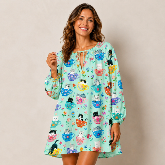 Cute Teacup Kitten Print Boho Tie‑Neck Smock Mini Dress