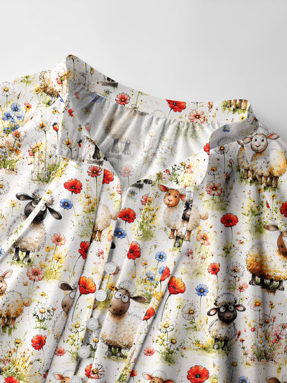 Whimsical Sheep Clipart Print Boho Long Sleeve Tie‑Neck Blouse