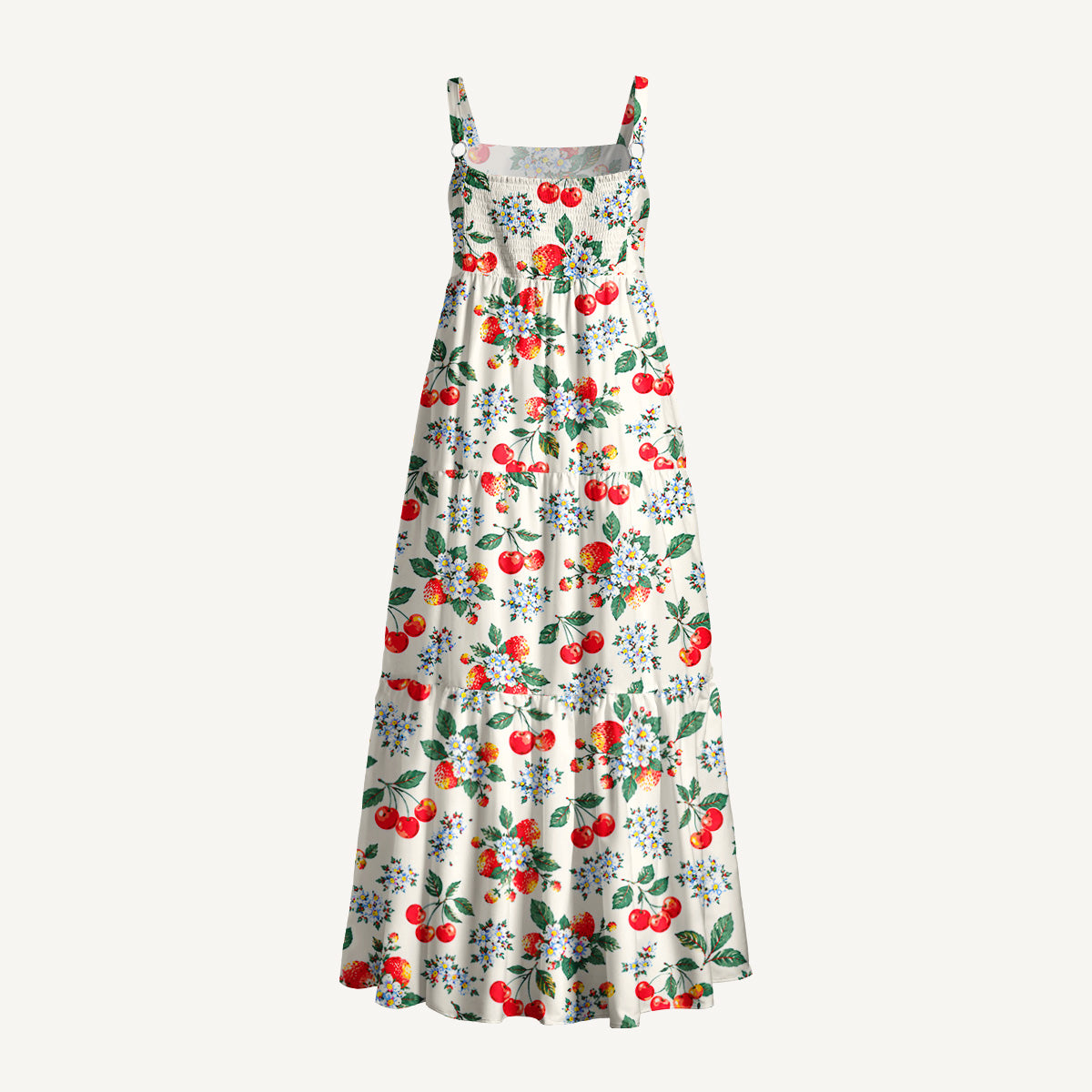 Cottage Garden Cherry Pattern Print Wide Straps Maxi Dress With Pockets