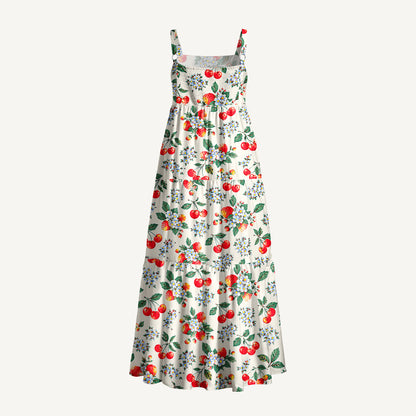 Cottage Garden Cherry Pattern Print Wide Straps Maxi Dress With Pockets