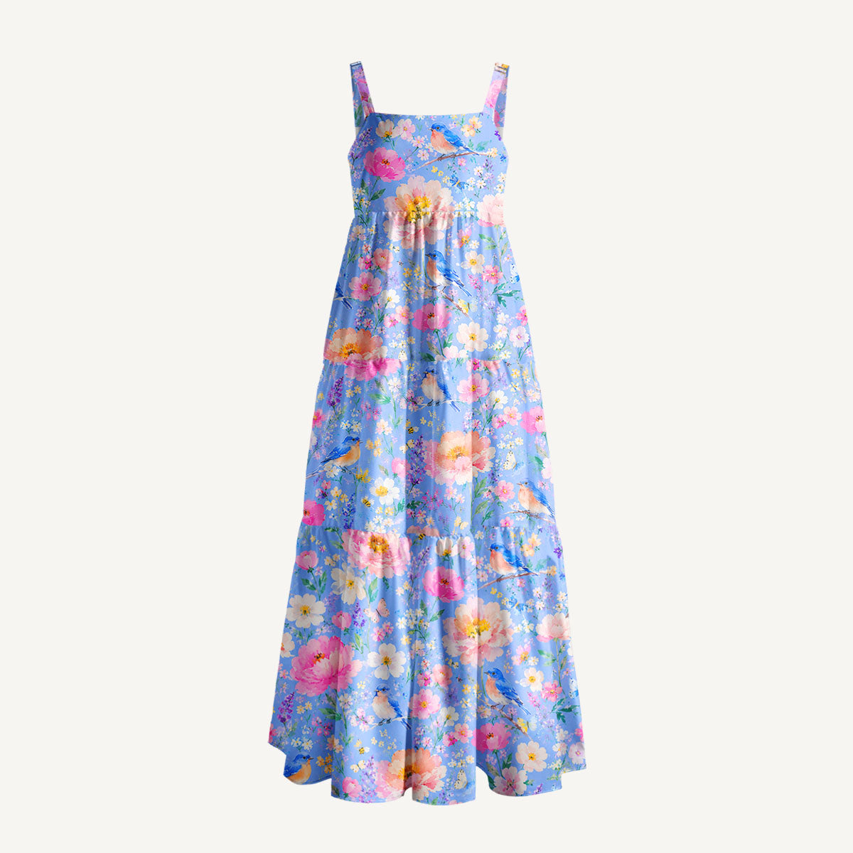 Bluebird Blossom Garden Print Wide Straps Maxi Dress With Pockets
