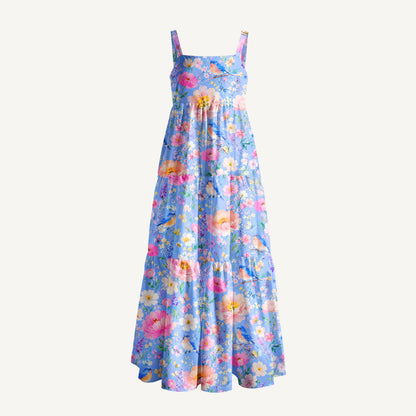 Bluebird Blossom Garden Print Wide Straps Maxi Dress With Pockets