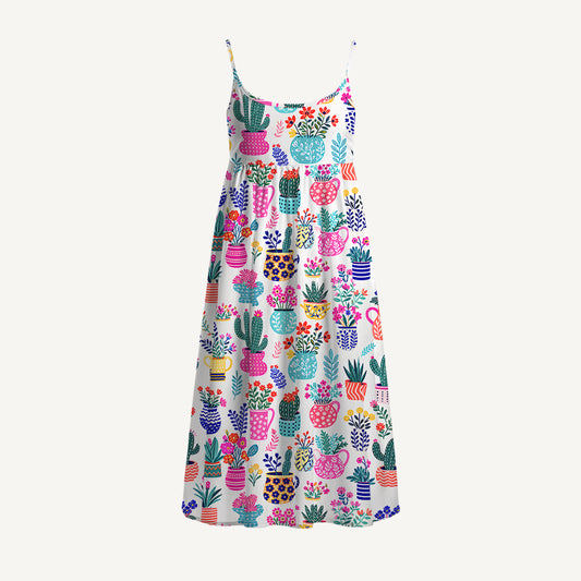 Cactus and Flowers Print Spaghetti Strap Mini Dress