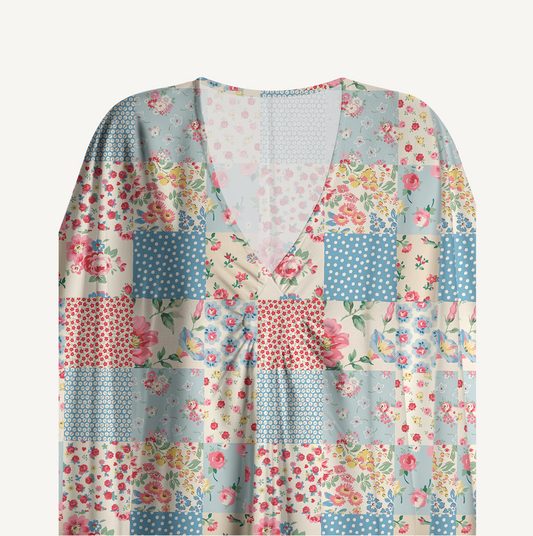 V‑Neck Pastel Patc Kimono Sleeve Kaftan Dress