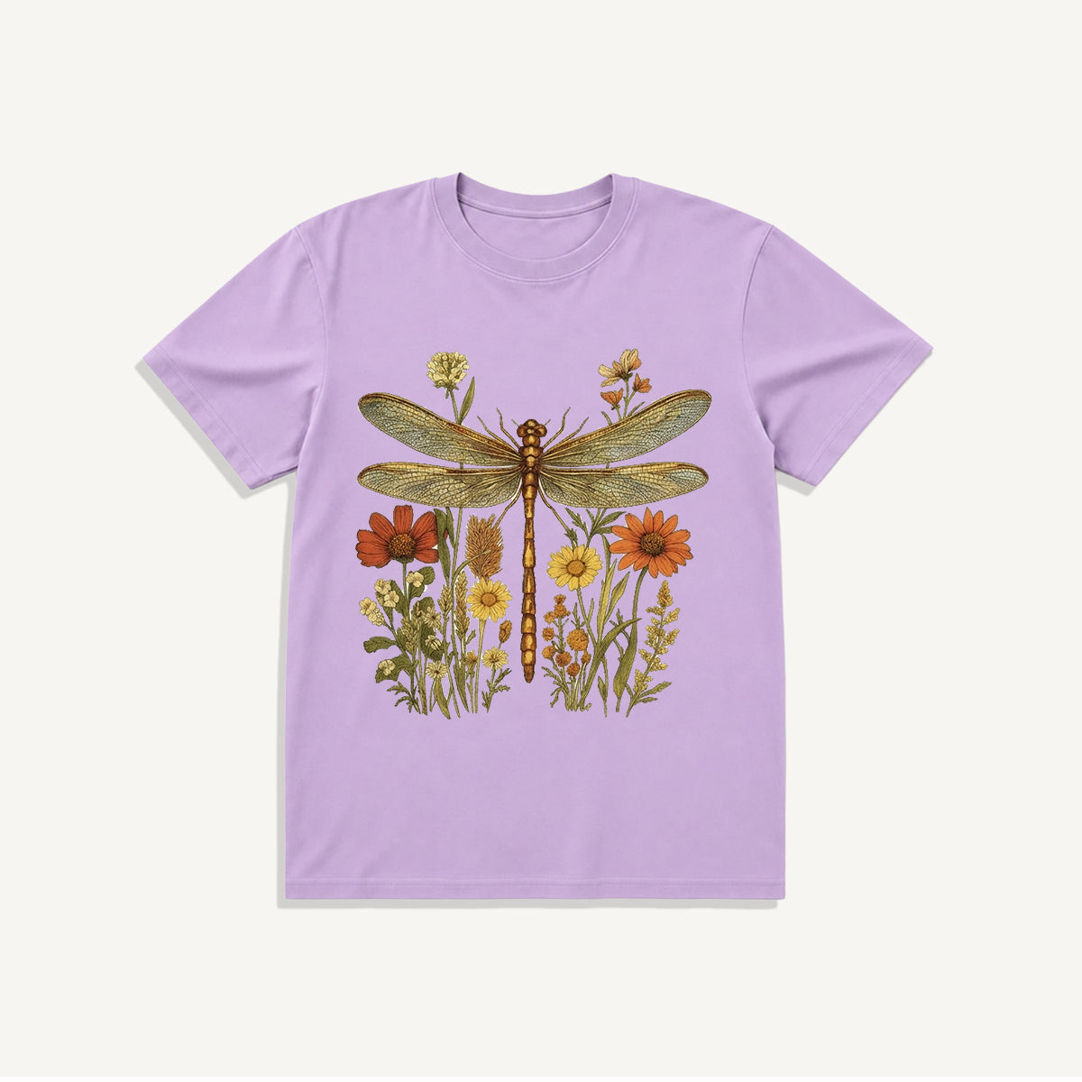 Vintage Dragonfly Blooms Print Crew Neck Cotton Tee