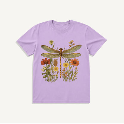 Vintage Dragonfly Blooms Print Crew Neck Cotton Tee