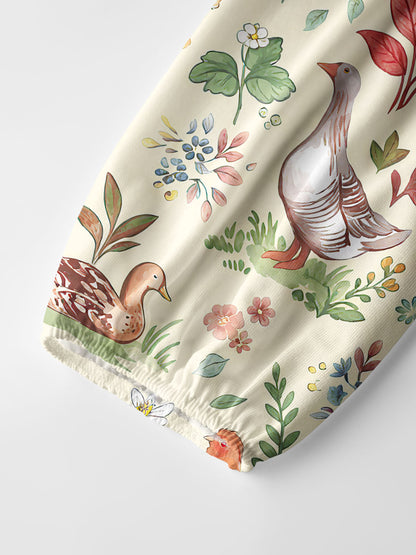Countryside Garden Critter Print Boho Long Sleeve Tie‑Neck Blouse