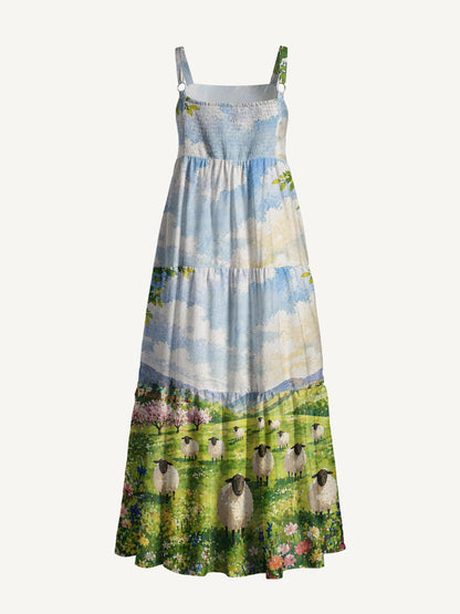 Spring Meadow Sheep and Blossoms Landscape Print Wide Straps Maxi Dress With Pockets