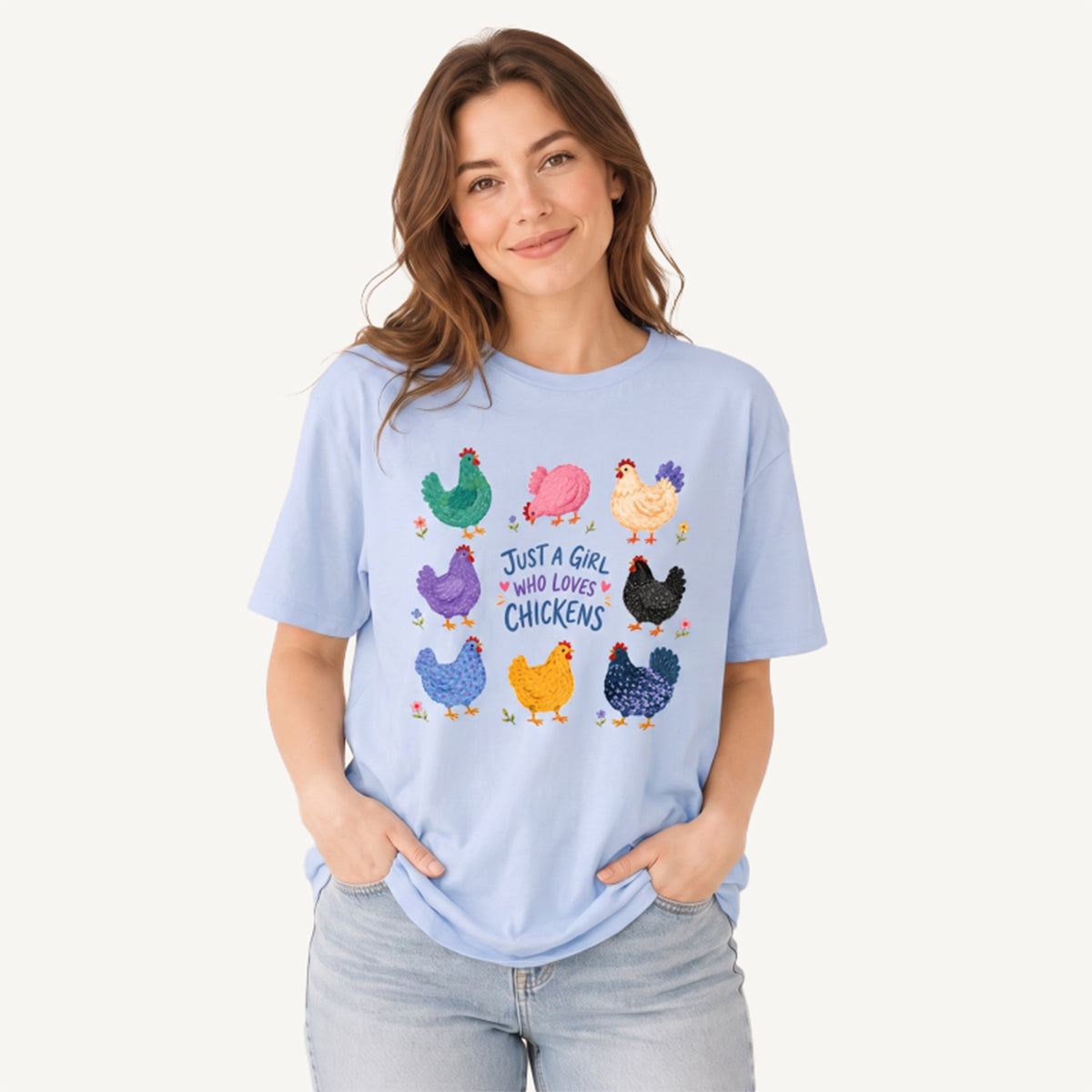 Colorful Chicken Garden Print Crew Neck Cotton Tee
