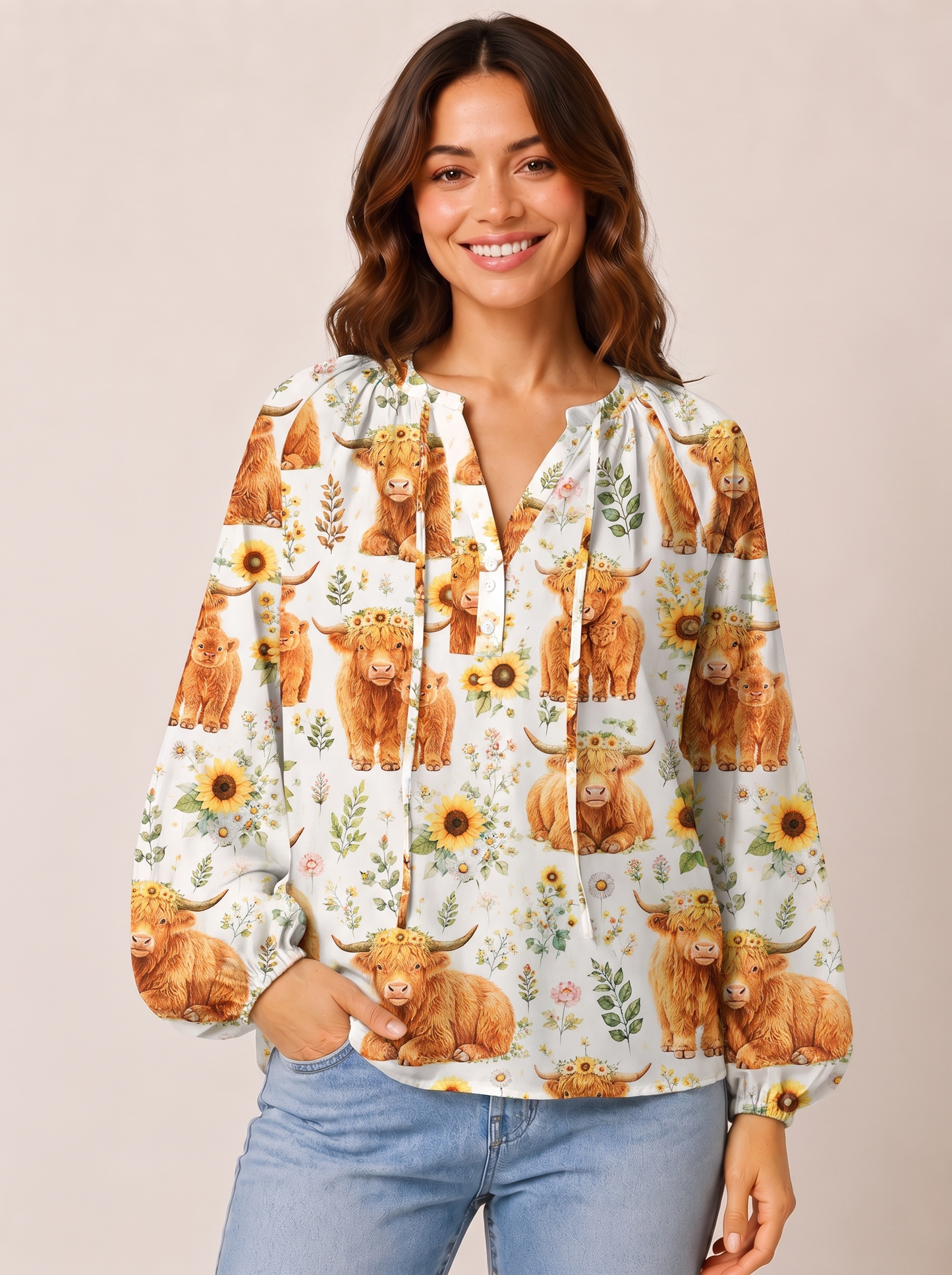Spring Highland Cow Floral Print Boho Long Sleeve Tie‑Neck Blouse