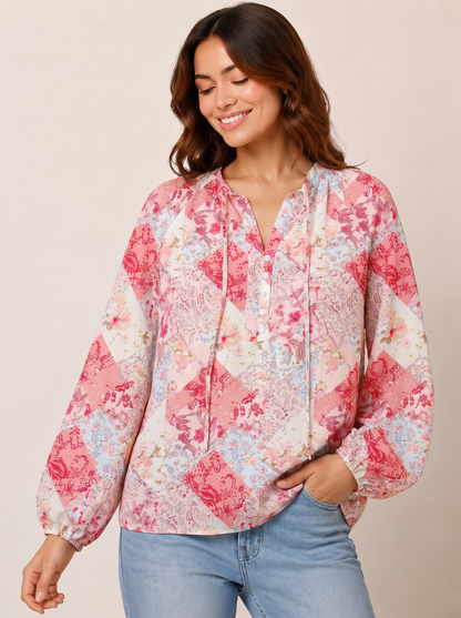 Shabby Chic Floral Patchwork Print Boho Long Sleeve Tie‑Neck Blouse