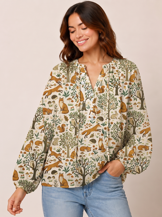 Woodland Creatures Print Boho Long Sleeve Tie‑Neck Blouse