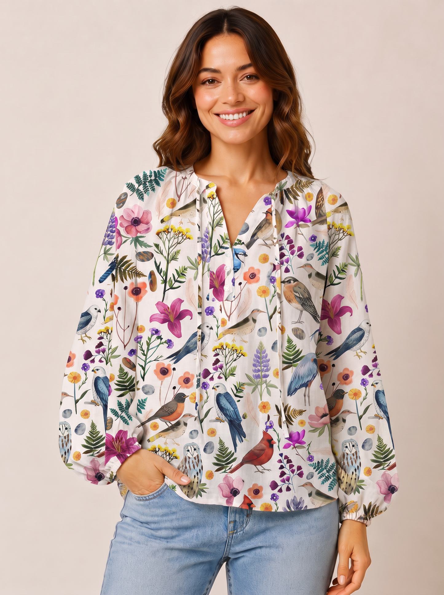 Whimsical Woodland Birds Wildflowers Print Boho Long Sleeve Tie‑Neck Blouse