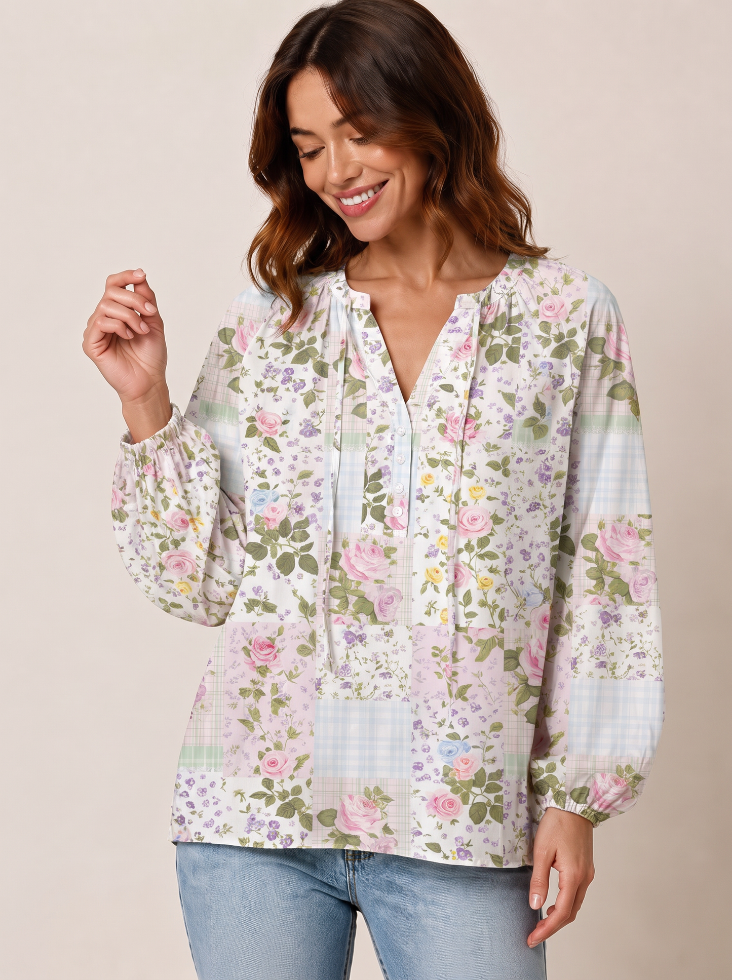 Pastel Rose Patchwok Print Boho Long Sleeve Tie‑Neck Blouse