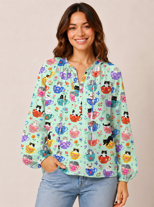 Cute Teacup Kitten Print Boho Long Sleeve Tie‑Neck Blouse