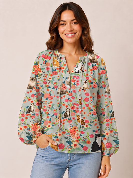 Flower Cat Print Boho Long Sleeve Tie‑Neck Blouse