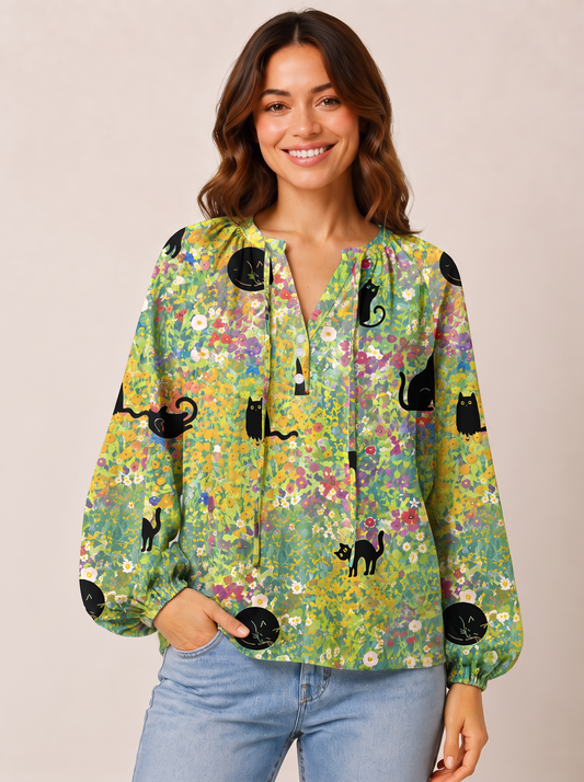Wildflower Garden Black Cat Print Boho Long Sleeve Tie‑Neck Blouse