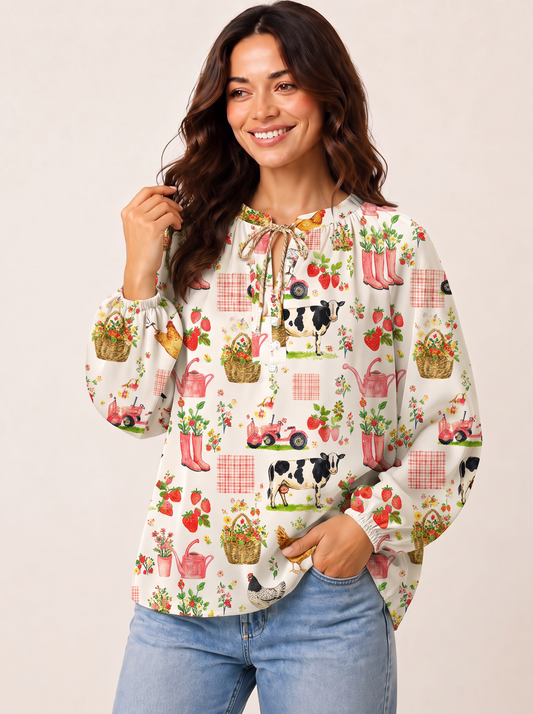 Watercolor Pink Farm Chicken Cow Print Boho Long Sleeve Tie‑Neck Blouse