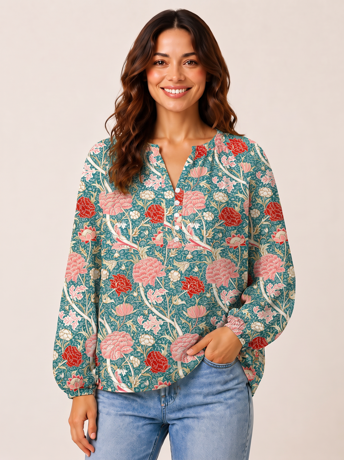 Vintage Peony Lotus Floral Print Boho Long Sleeve Tie‑Neck Blouse