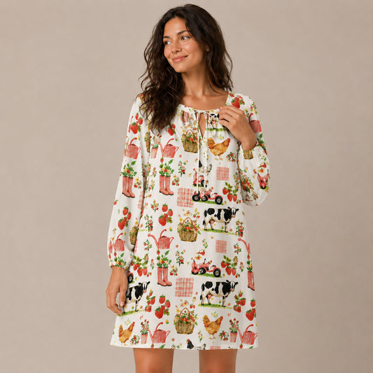 Watercolor Pink Farm Chicken Print Boho Long Sleeve Tie‑Neck Smock Mini Dress