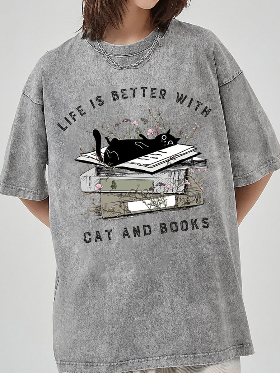 Vintage Floral Cat Books Washed T-Shirt