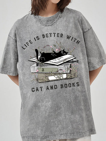 Vintage Floral Cat Books Washed T-Shirt
